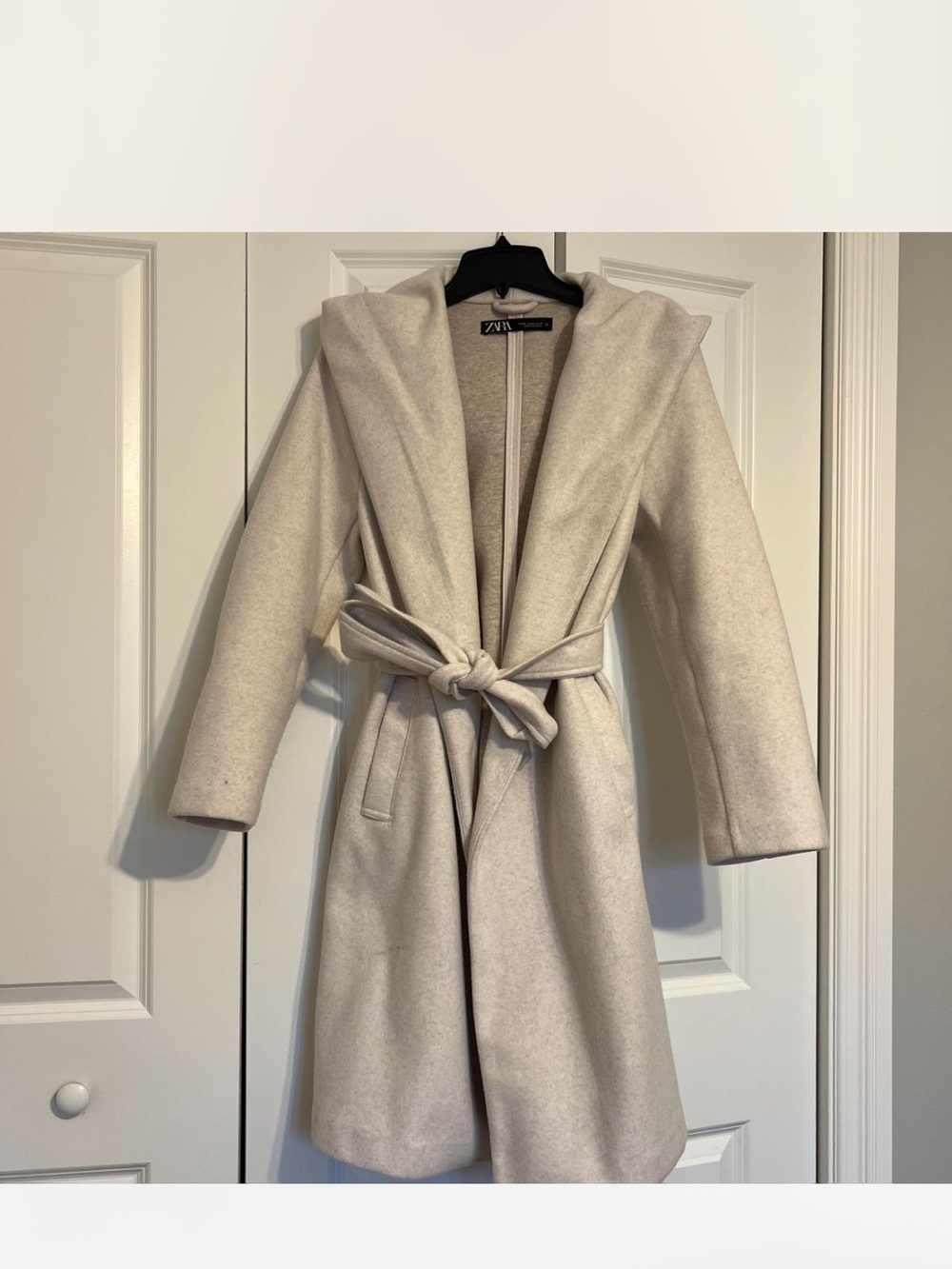 Zara Hooded Belted Cream Coat